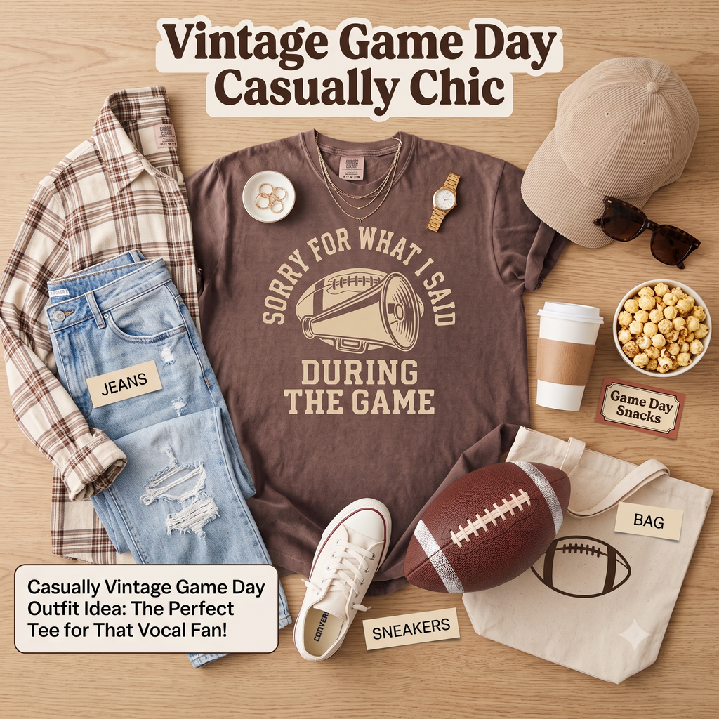 Vintage game day outfit idea with Espresso football mom shirt, jeans, sneakers, and sideline accessories.