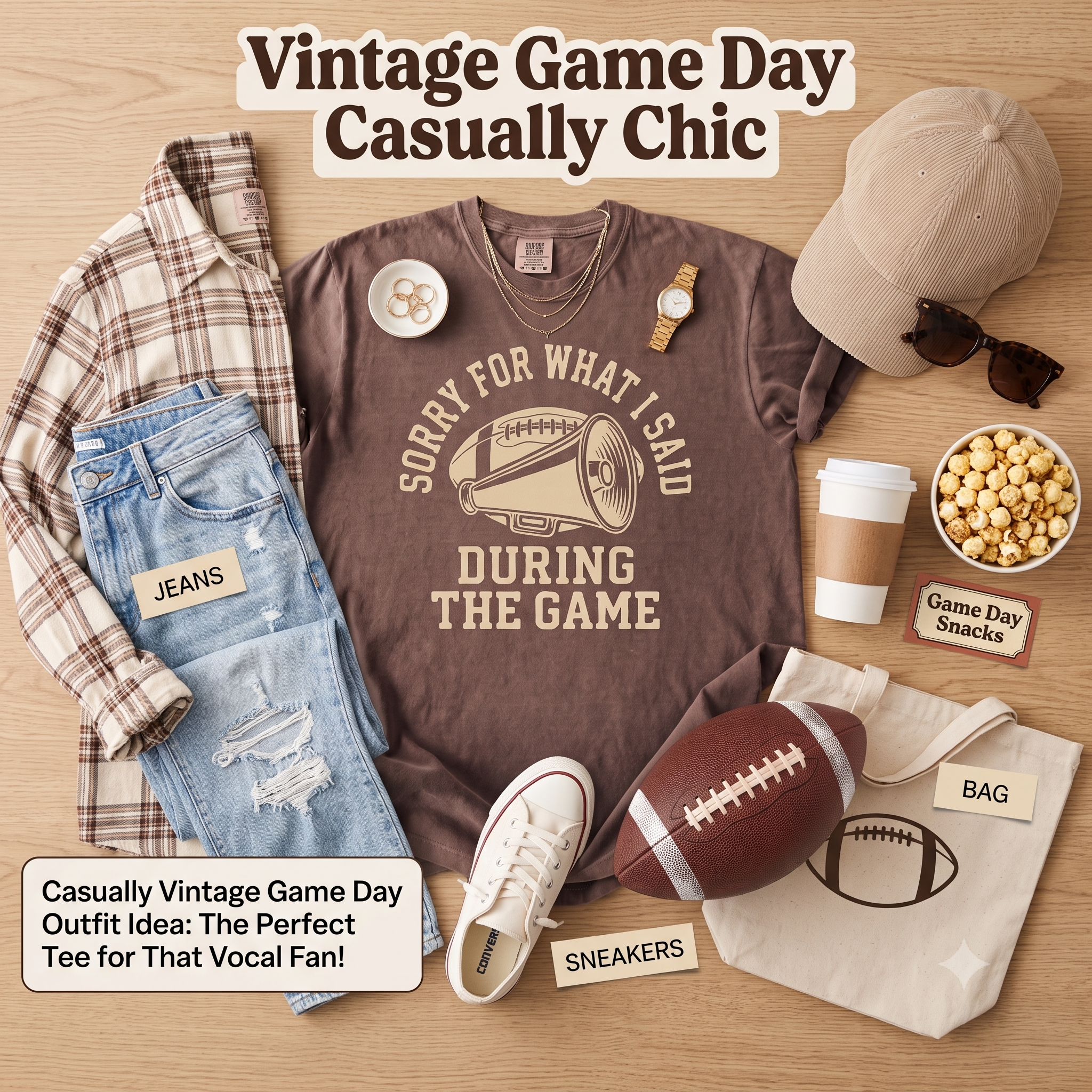 Vintage game day outfit idea with Espresso football mom shirt, jeans, sneakers, and sideline accessories.