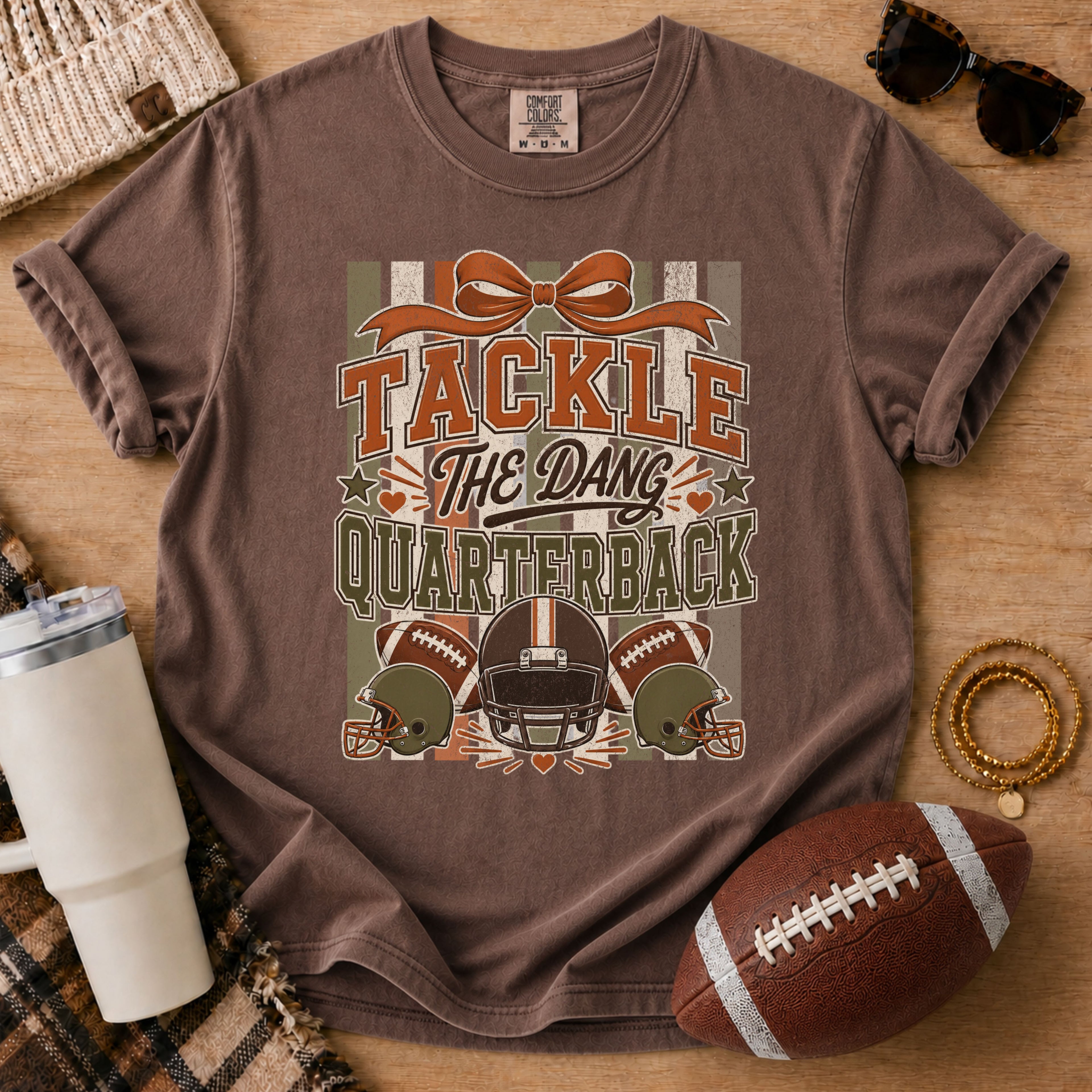 Esoresso Comfort Colors football mom shirt with Tackle The Dang Quarterback design for moms on the sideline.