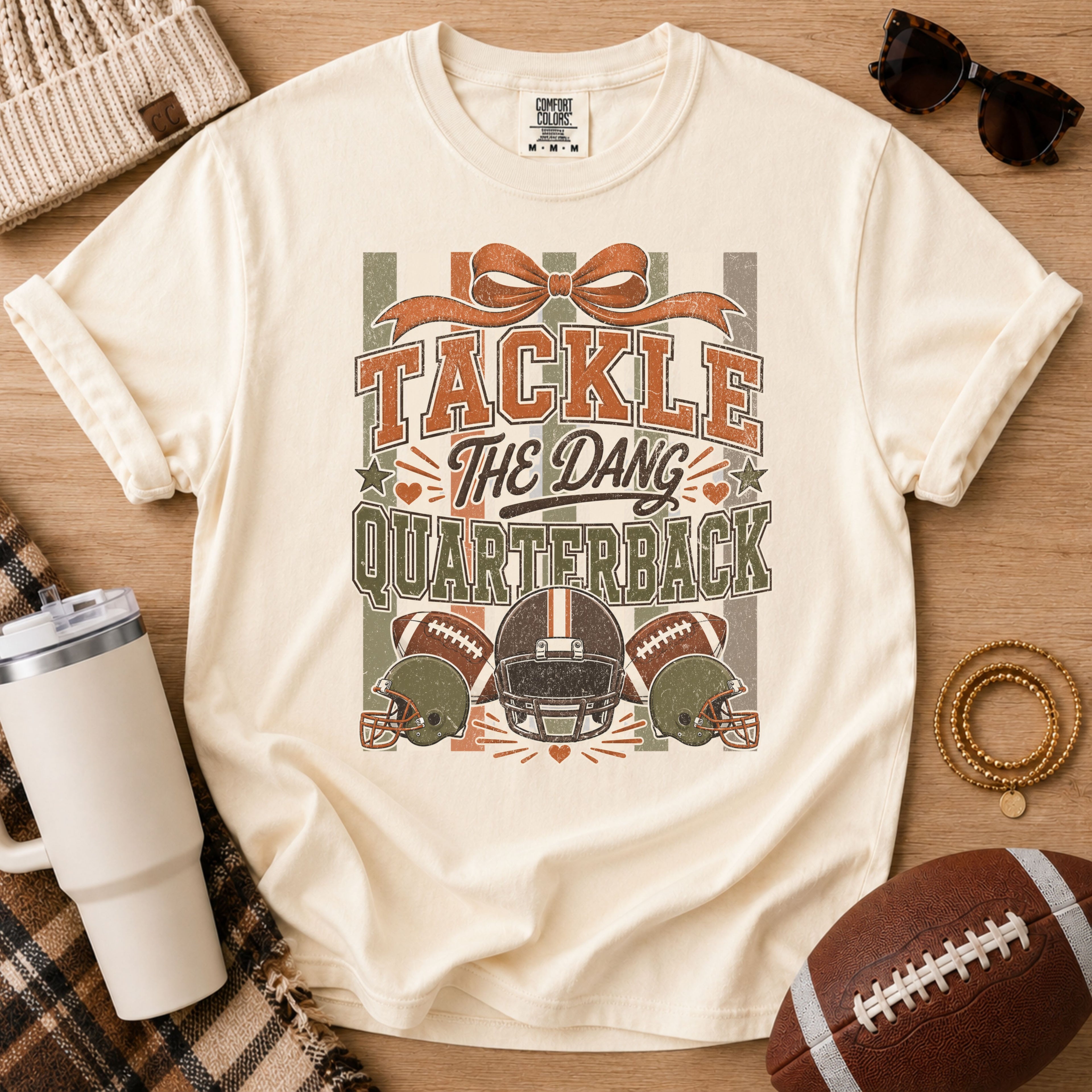 Ivory Comfort Colors football mom shirt with vintage Tackle The Dang Quarterback design and football graphics.