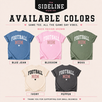 FOOTBALL MOM graphic shirt available in charcoal gray, cream, light pink, olive green and vintage blue, with the back design shown.