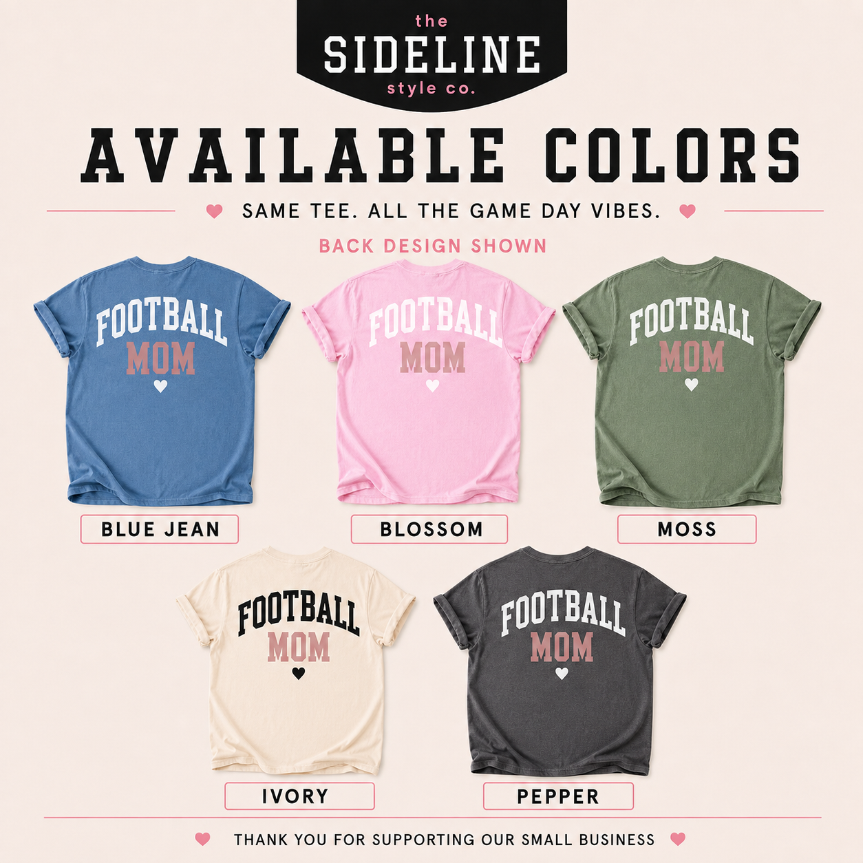 FOOTBALL MOM graphic shirt available in charcoal gray, cream, light pink, olive green and vintage blue, with the back design shown.