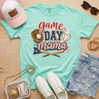 Game Day Mama baseball mom Comfort Colors tee in chalky mint flat lay with trucker hat, denim shorts, white sneakers, and baseball.
