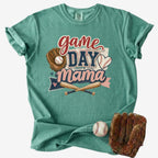 Game Day Mama baseball mom Comfort Colors tee in chalky mint on white background with baseball and glove.