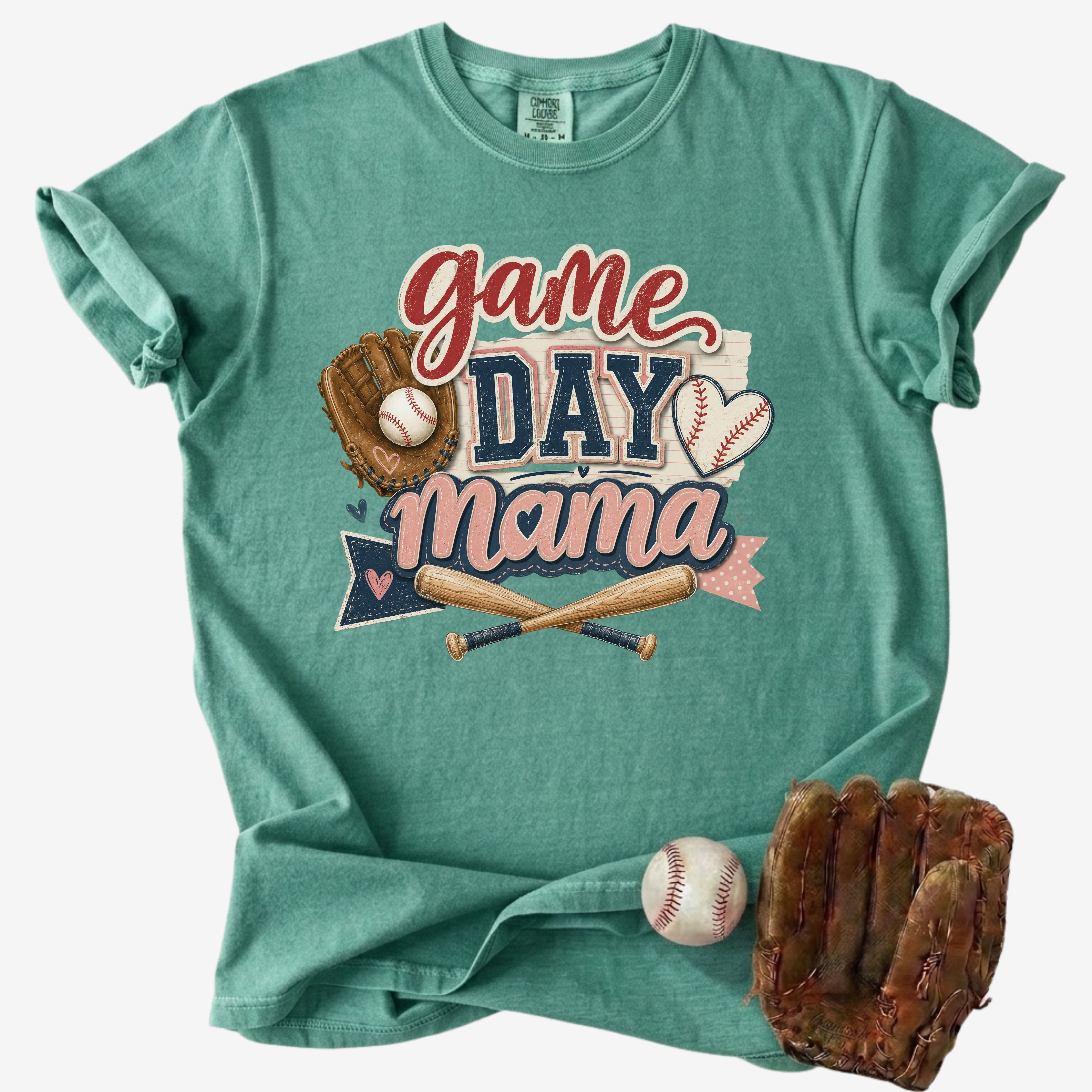 Game Day Mama baseball mom Comfort Colors tee in chalky mint on white background with baseball and glove.