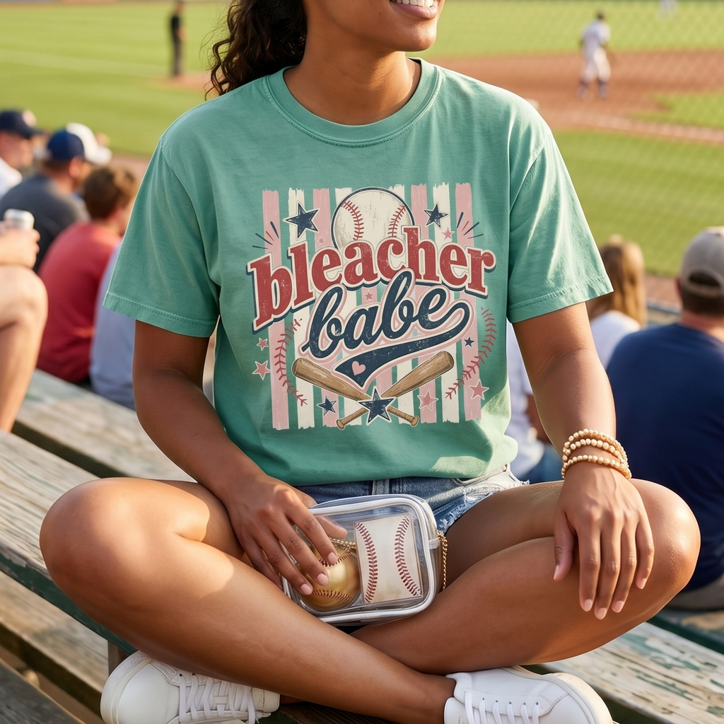 Woman sitting on a wooden bench at a baseball game wearing a 'bleacher babe' t-shirt.