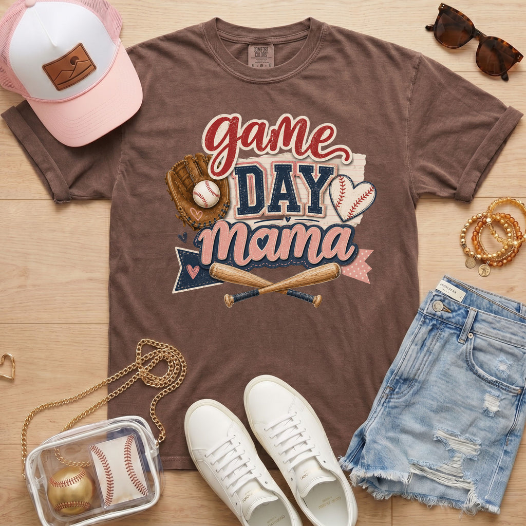 Game Day Mama baseball mom Comfort Colors tee in espresso flat lay with trucker hat, denim shorts, white sneakers, and baseball.
