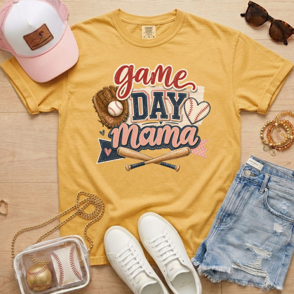 Game Day Mama baseball mom Comfort Colors tee in mustard flat lay with trucker hat, denim shorts, white sneakers, and baseball.