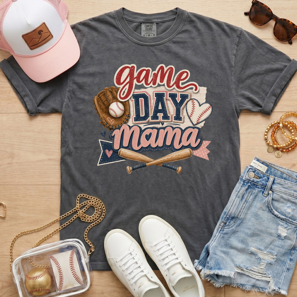Game Day Mama baseball mom Comfort Colors tee in pepper charcoal flat lay with trucker hat, denim shorts, white sneakers, and baseball.