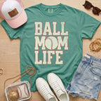 green baseball mom life shirt with distressed baseball graphic styled for casual game day outfit