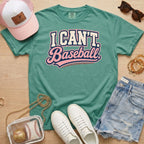 I CAN'T. Baseball. baseball mom Comfort Colors light green tee in a flat lay with hat, sneakers, denim shorts, and clear baseball bag.