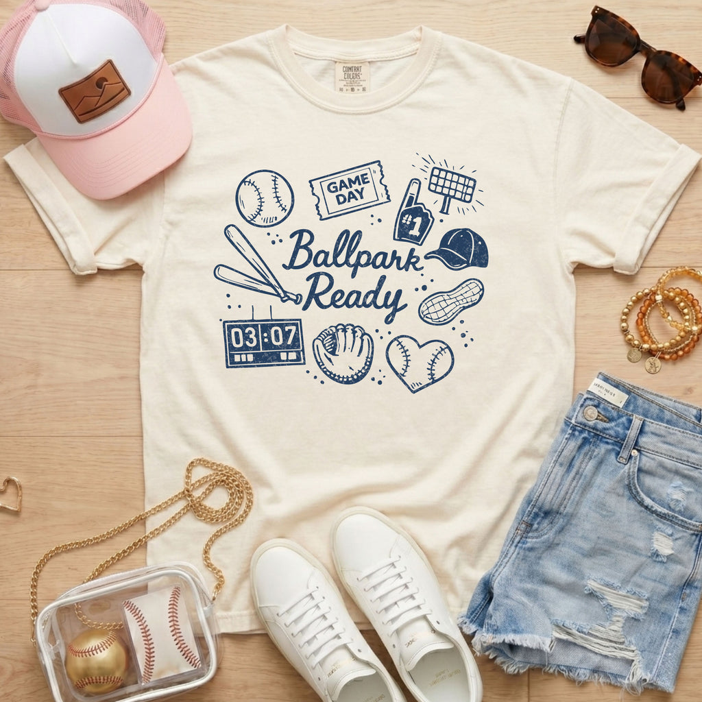 baseball mom shirt ballpark ready design on ivory comfort colors tee neutral game day outfit