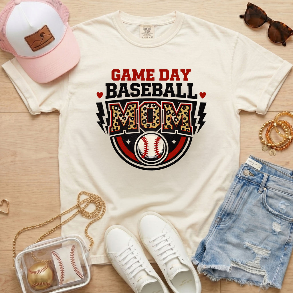 Leopard print Game Day Baseball Mom graphic on an ivory Comfort Colors 1717 t-shirt with baseball glove and ball