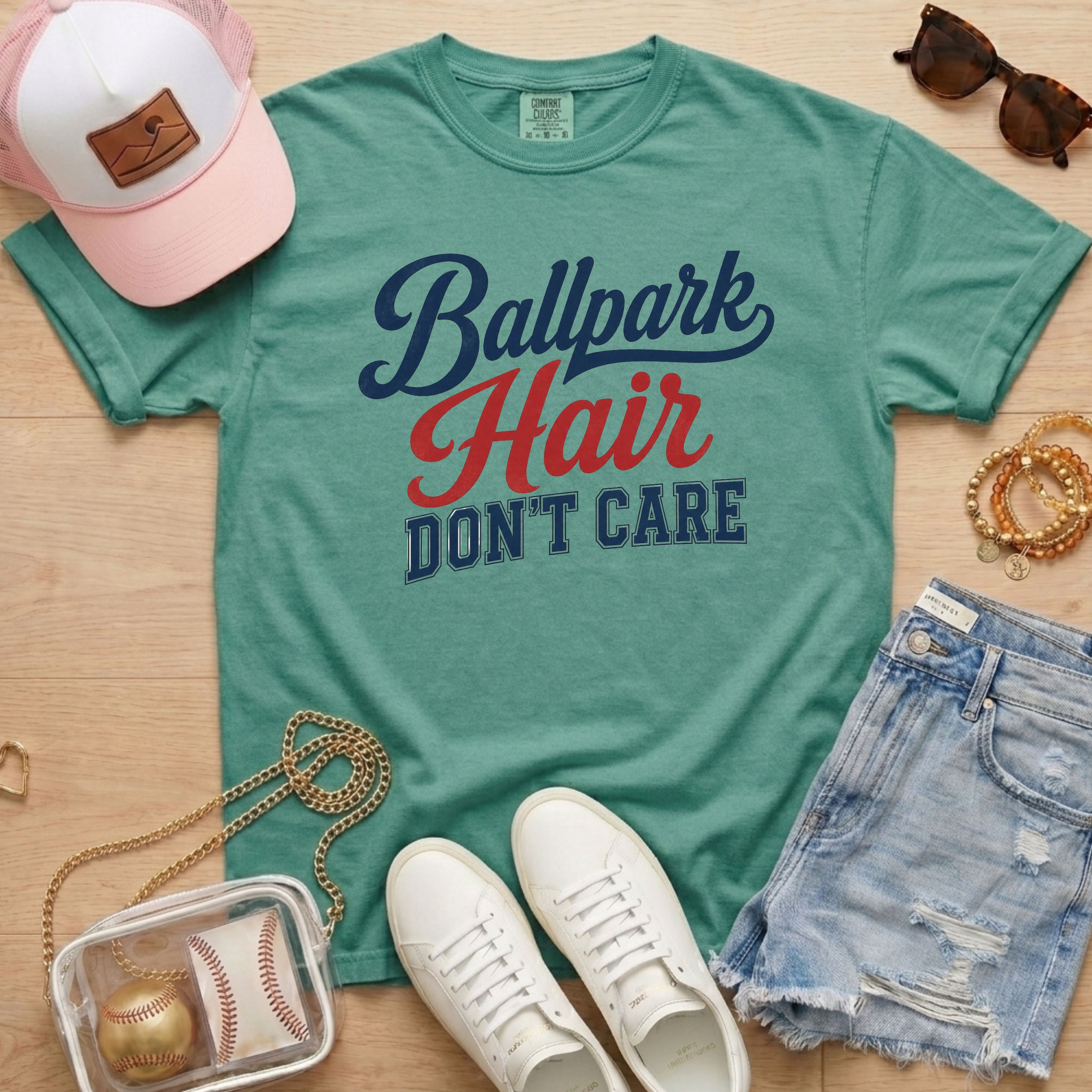 Light green Comfort Colors Ballpark Hair Don’t Care funny baseball season tee styled as a casual baseball mom outfit for game day.
