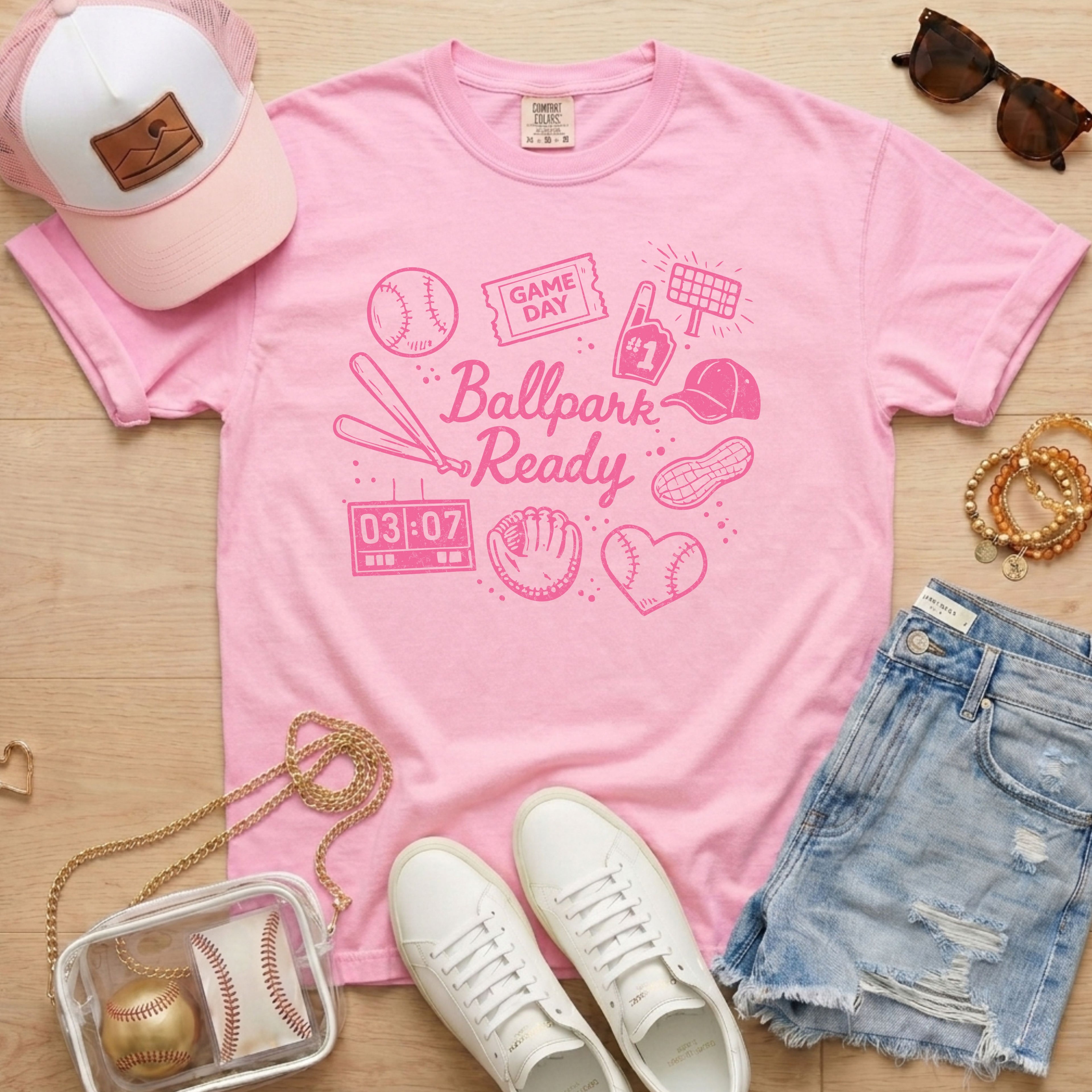 baseball mom shirt ballpark ready graphic on light pink comfort colors tee cute game day look