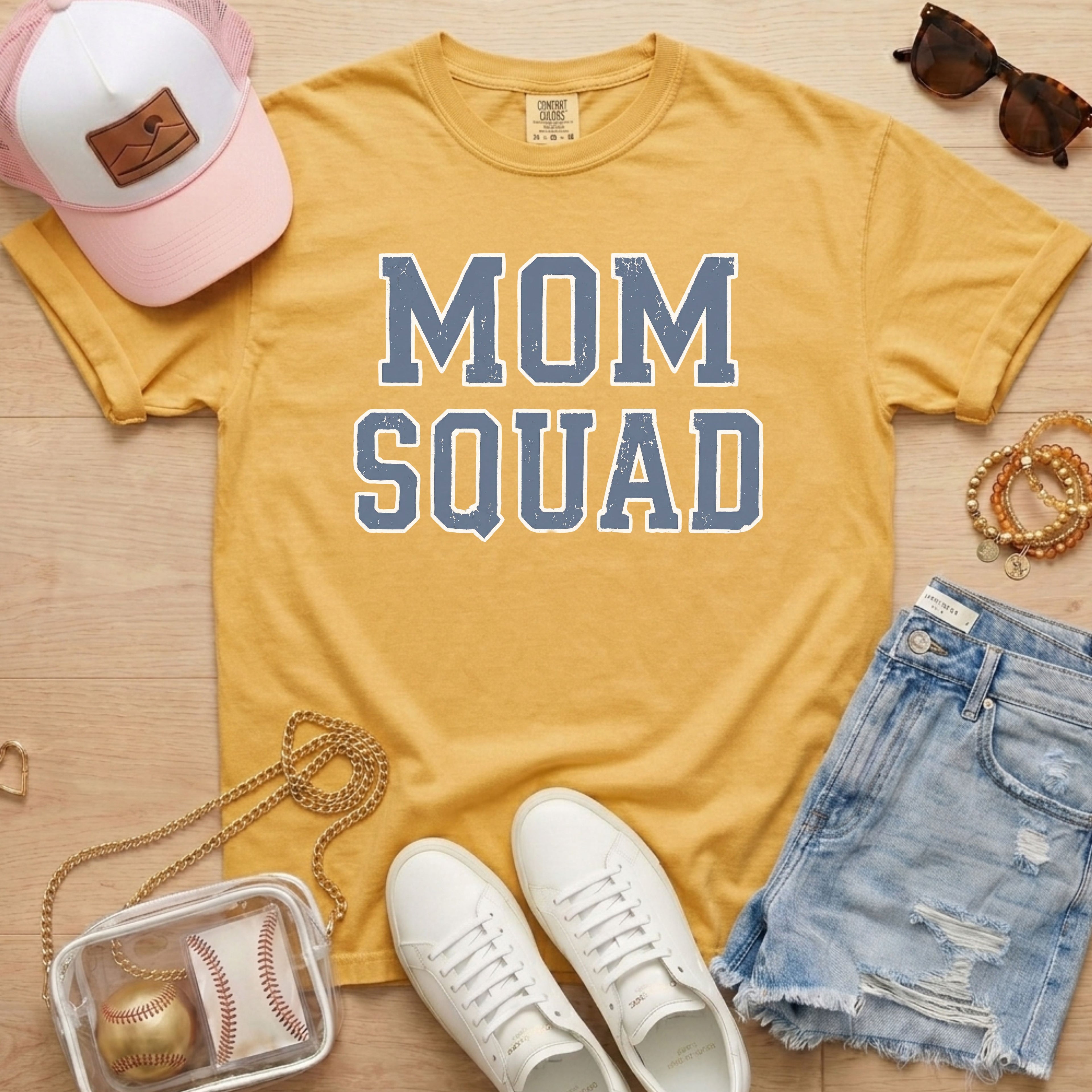 mustard yellow mom squad baseball mom shirt styled casual game day outfit