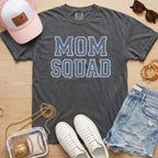 distressed mom squad baseball mom shirt on dark gray comfort colors tee styled for game day