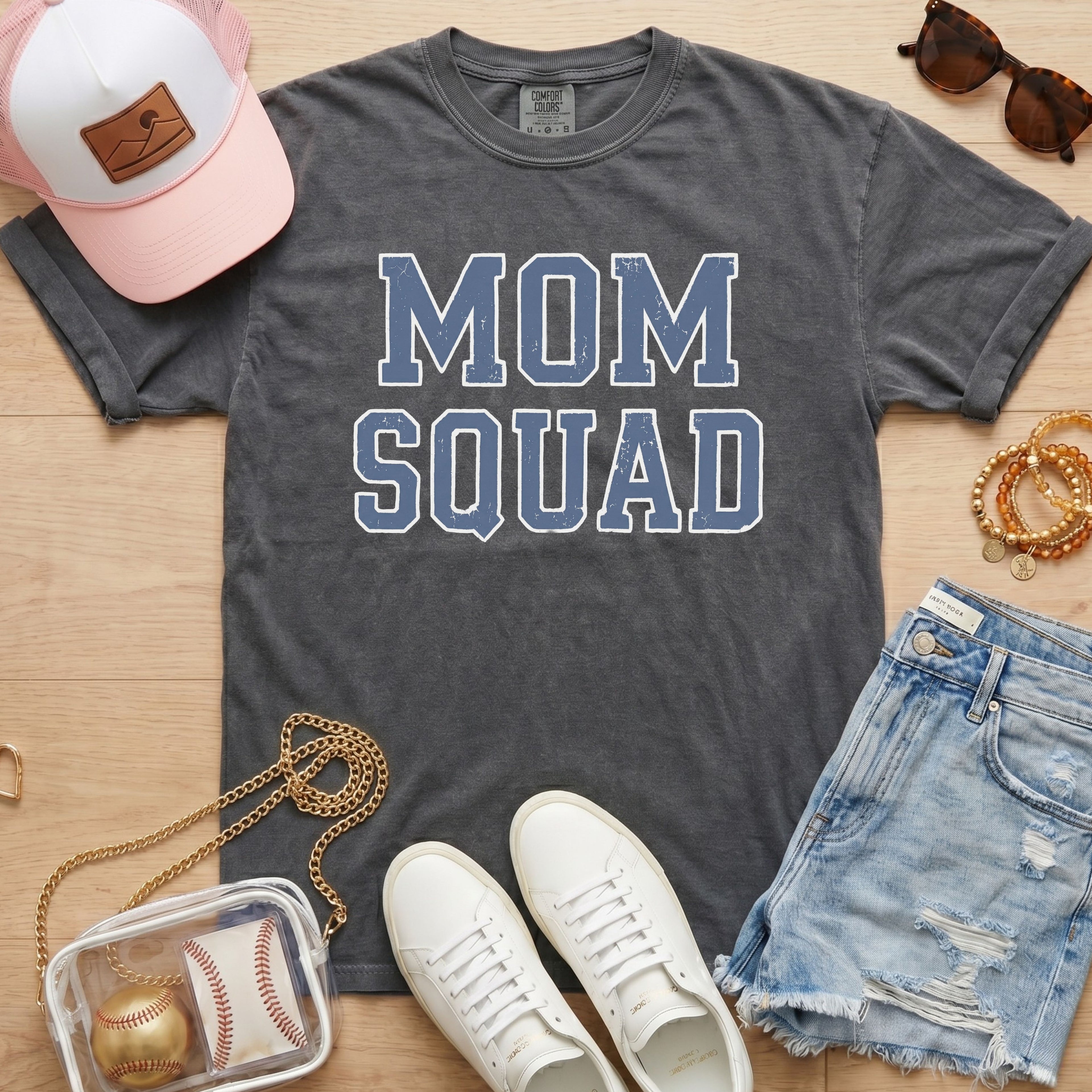 distressed mom squad baseball mom shirt on dark gray comfort colors tee styled for game day
