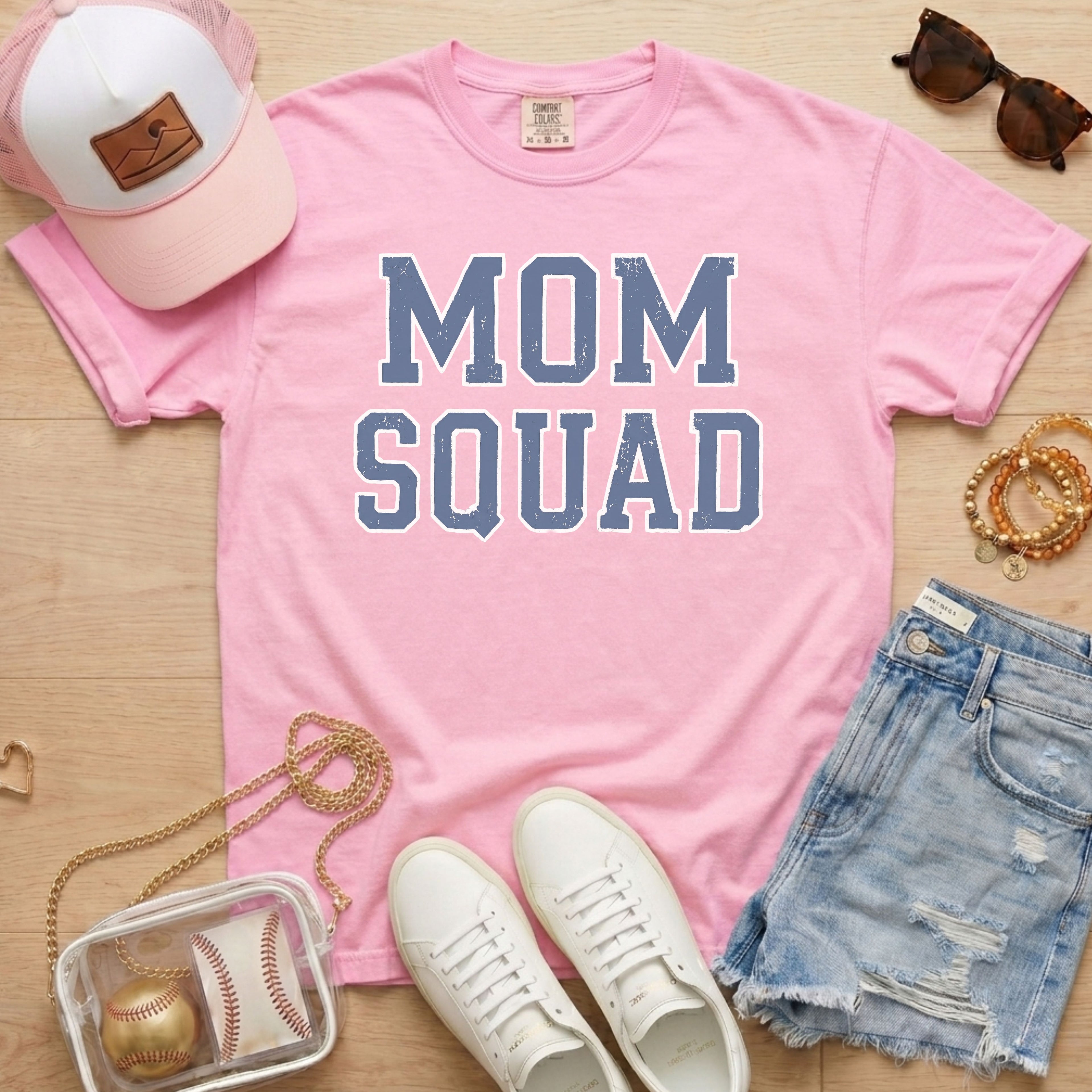 pink mom squad baseball mom shirt styled outfit for game day sports mom look