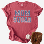 red mom squad baseball mom shirt styled with baseball glove and sporty accessories