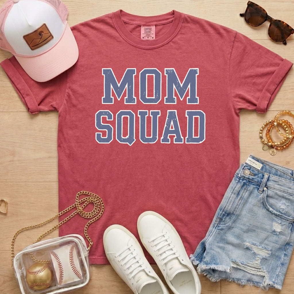 red mom squad baseball mom shirt styled with baseball glove and sporty accessories