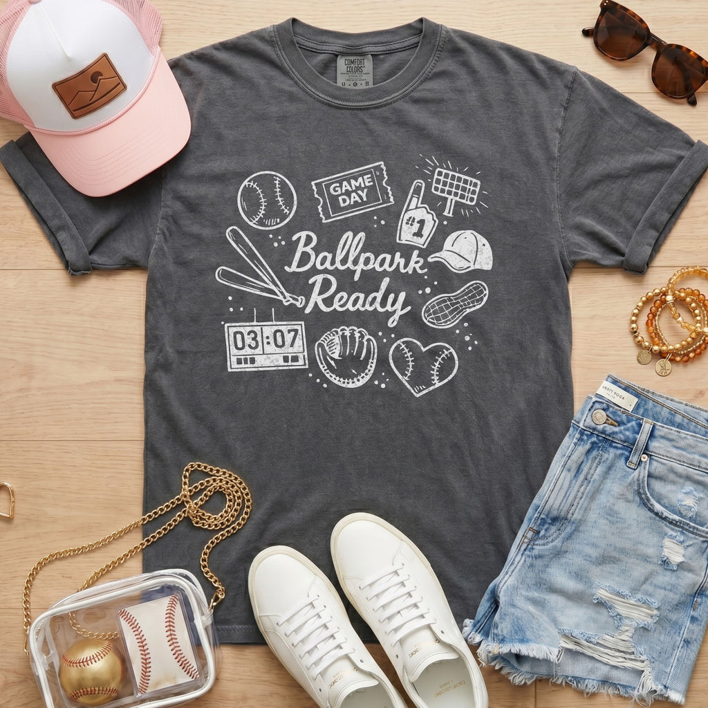 baseball mom shirt ballpark ready graphic on dark gray comfort colors tee casual game day outfit