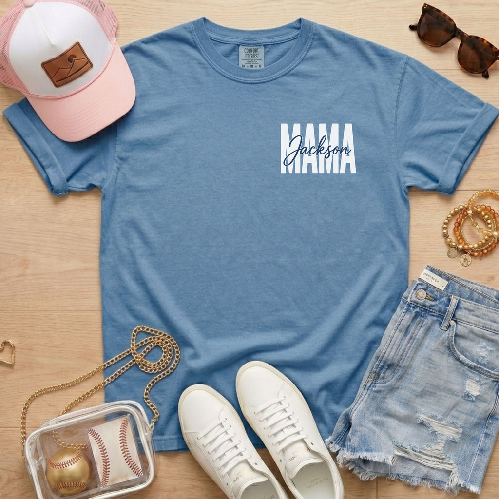 Personalized baseball mama shirt on blue jean Comfort Colors tee for baseball moms