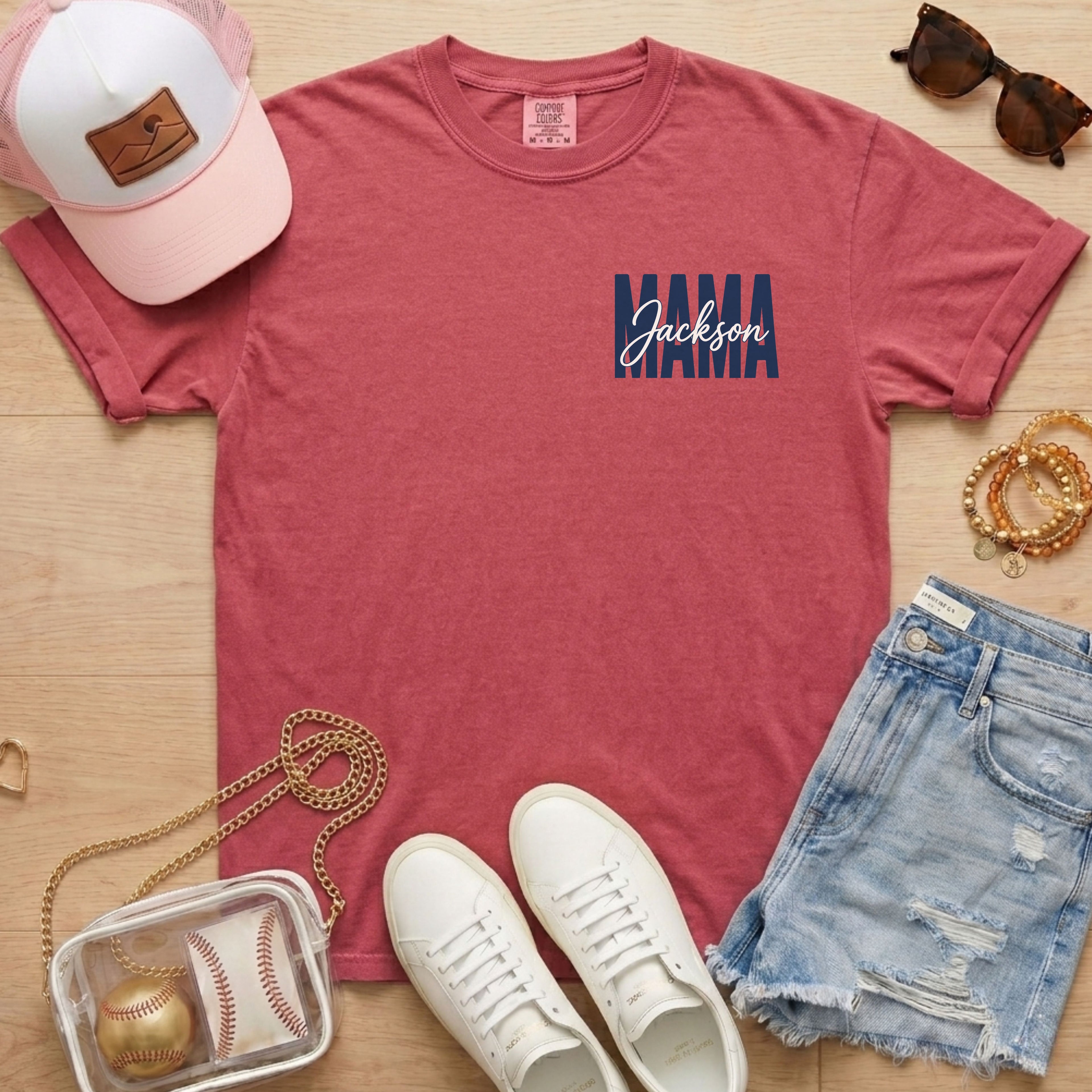 Personalized baseball mama shirt on crimson Comfort Colors tee with custom player name