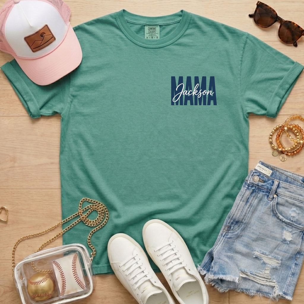 Personalized baseball mama shirt on green Comfort Colors tee with custom player name