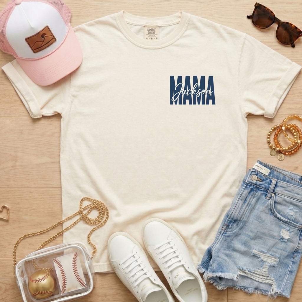 Personalized baseball mama shirt on ivory Comfort Colors tee with custom player name