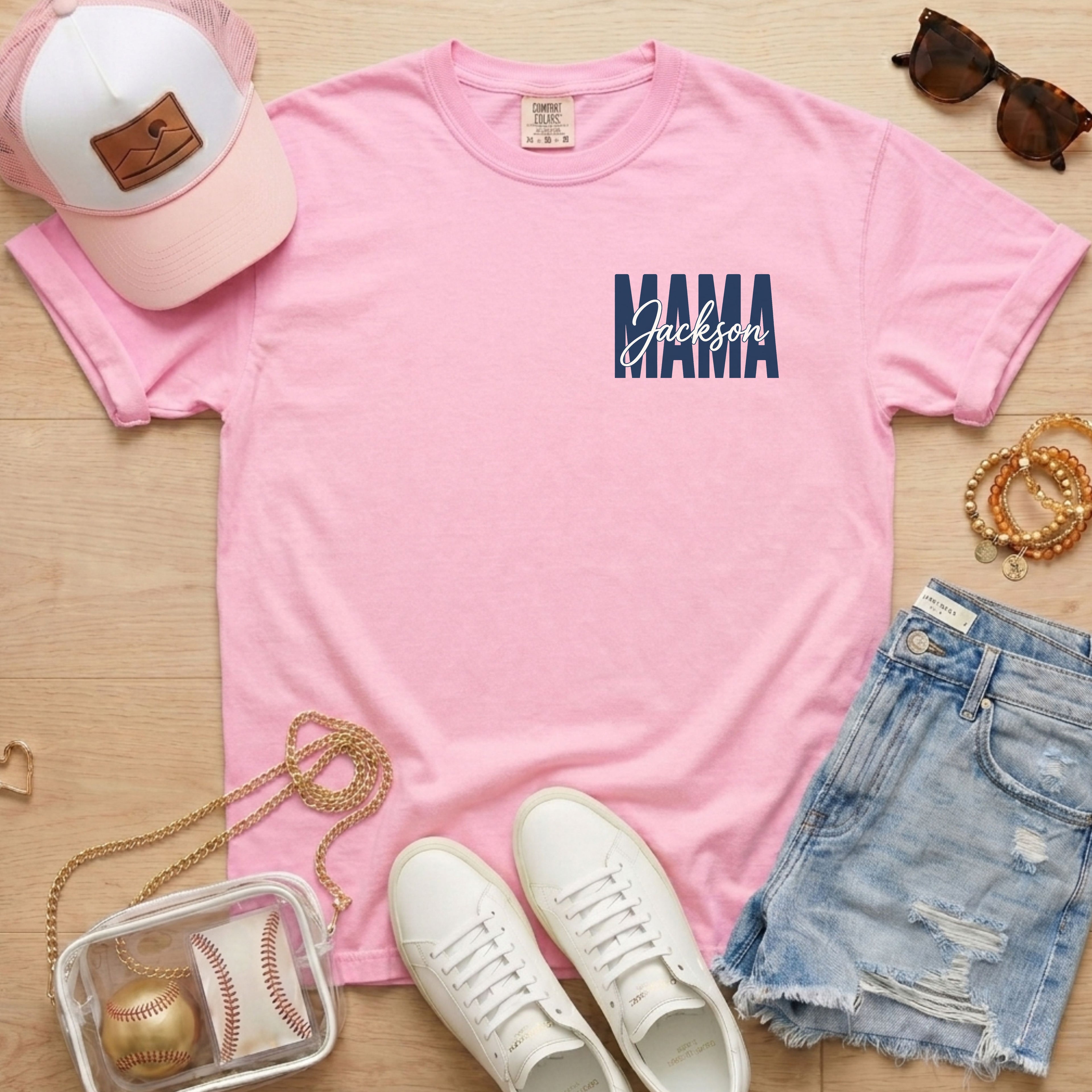 Personalized baseball mama shirt on light pink Comfort Colors tee for baseball moms