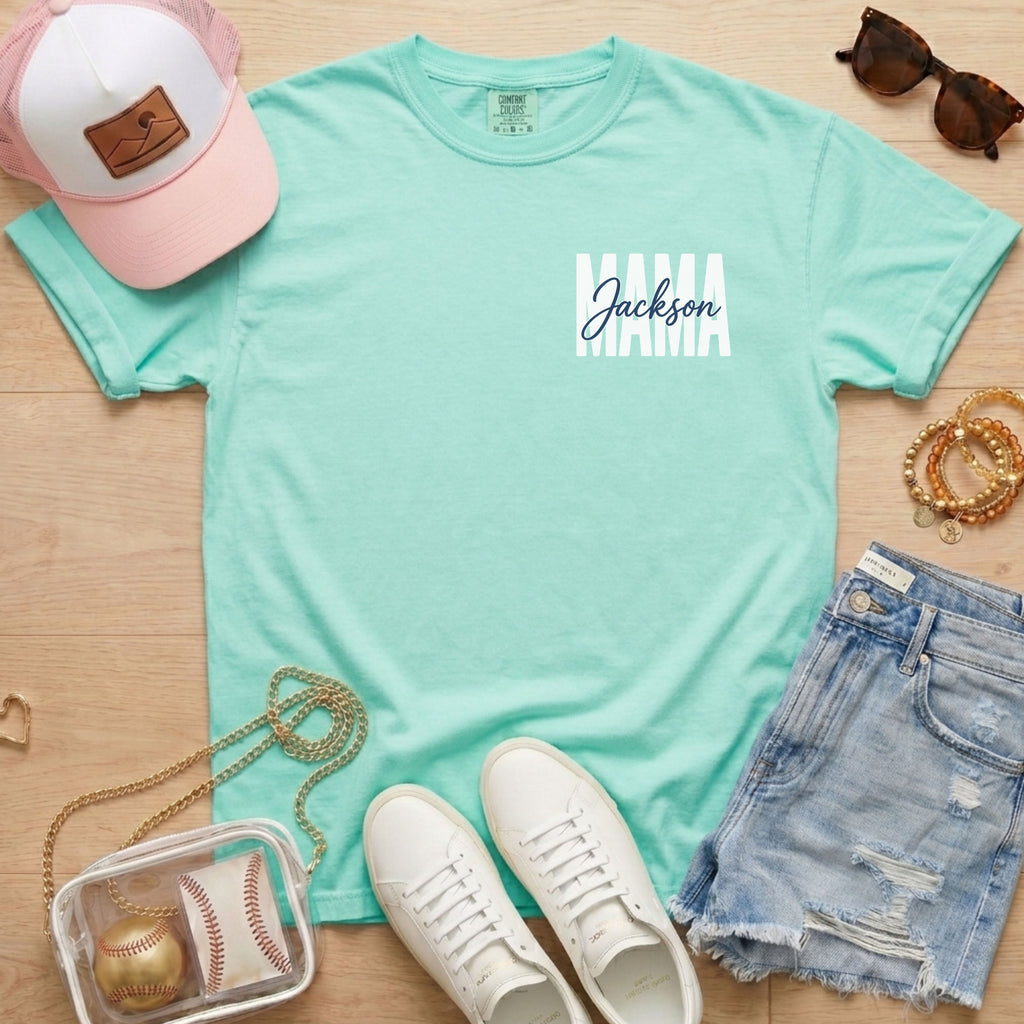 Personalized baseball mama shirt on mint Comfort Colors tee with custom player name
