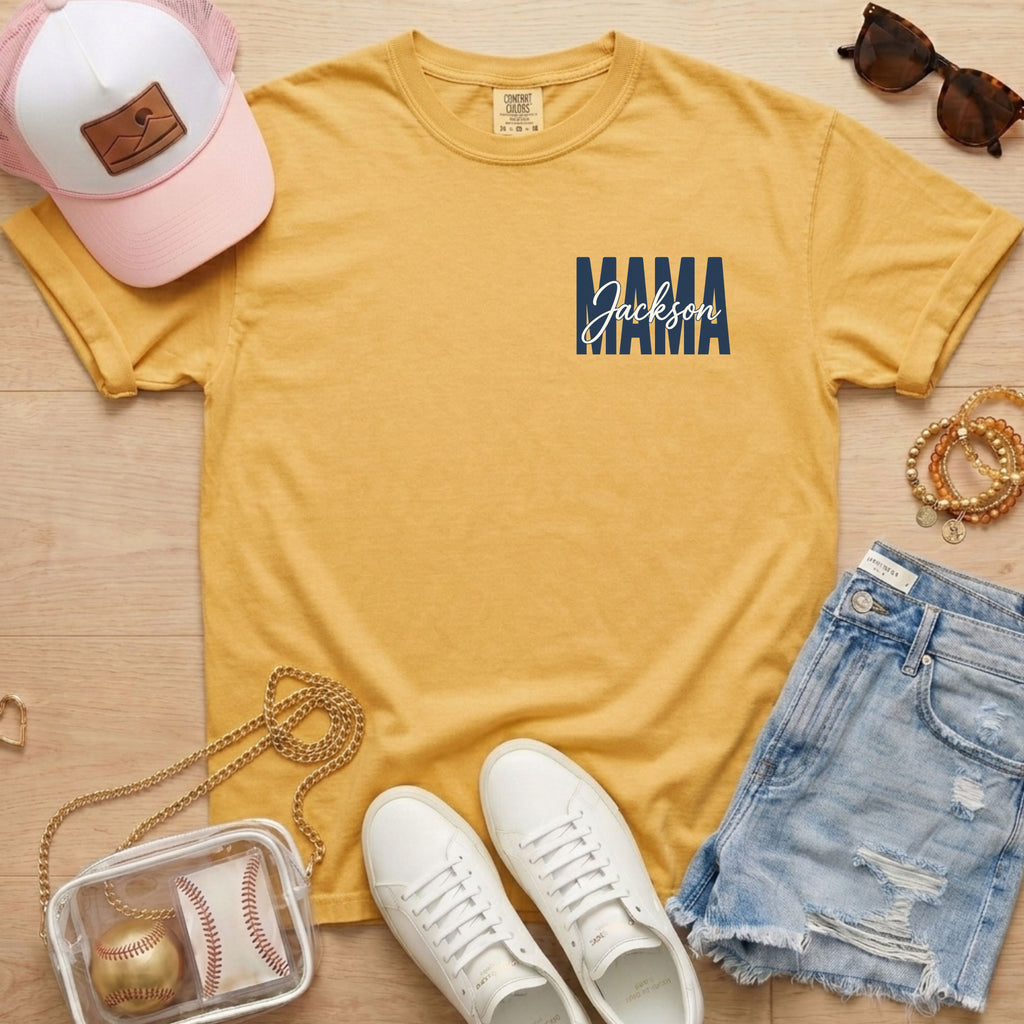 Personalized baseball mama shirt on mustard Comfort Colors tee for game day moms
