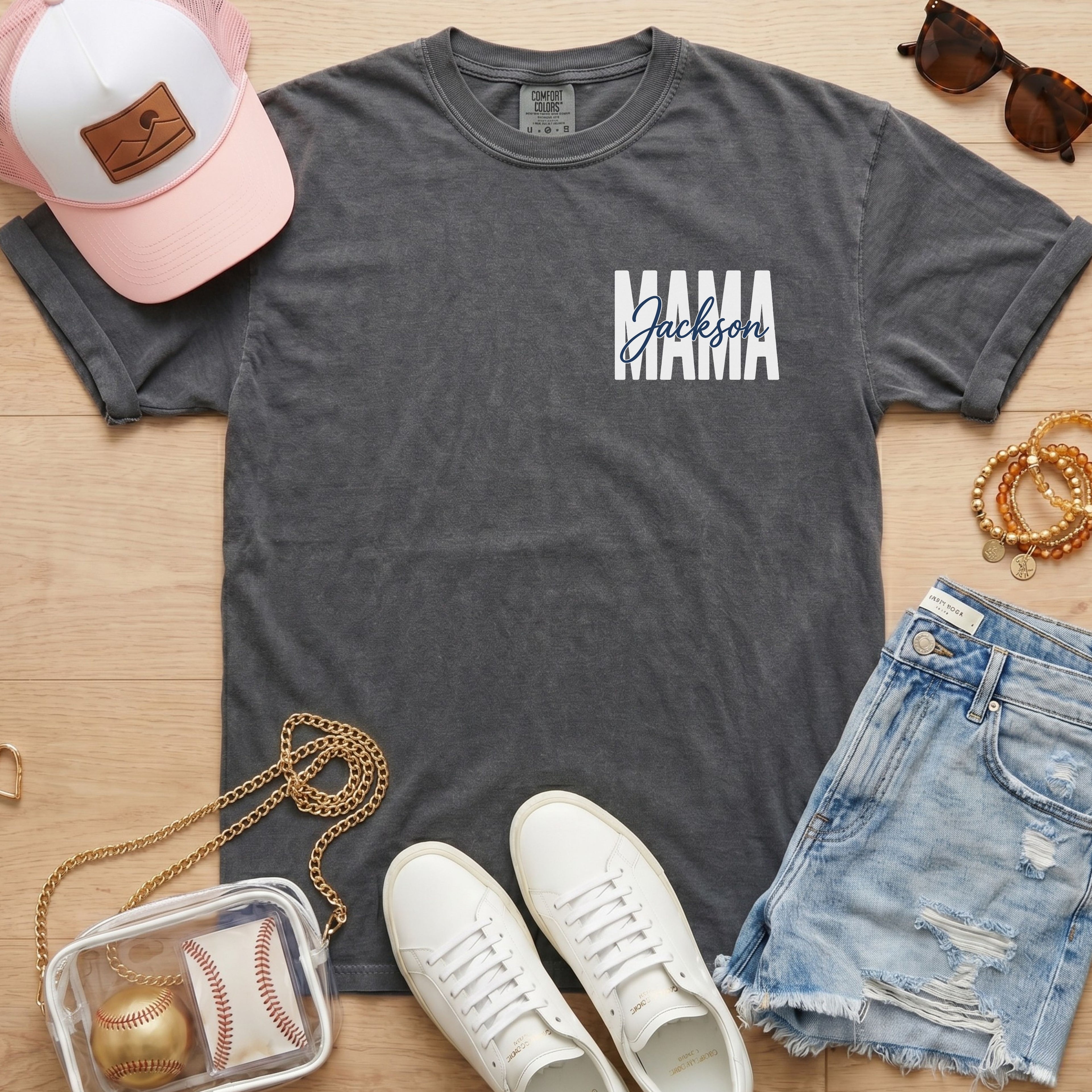 Personalized baseball mama shirt on pepper Comfort Colors tee with custom player name