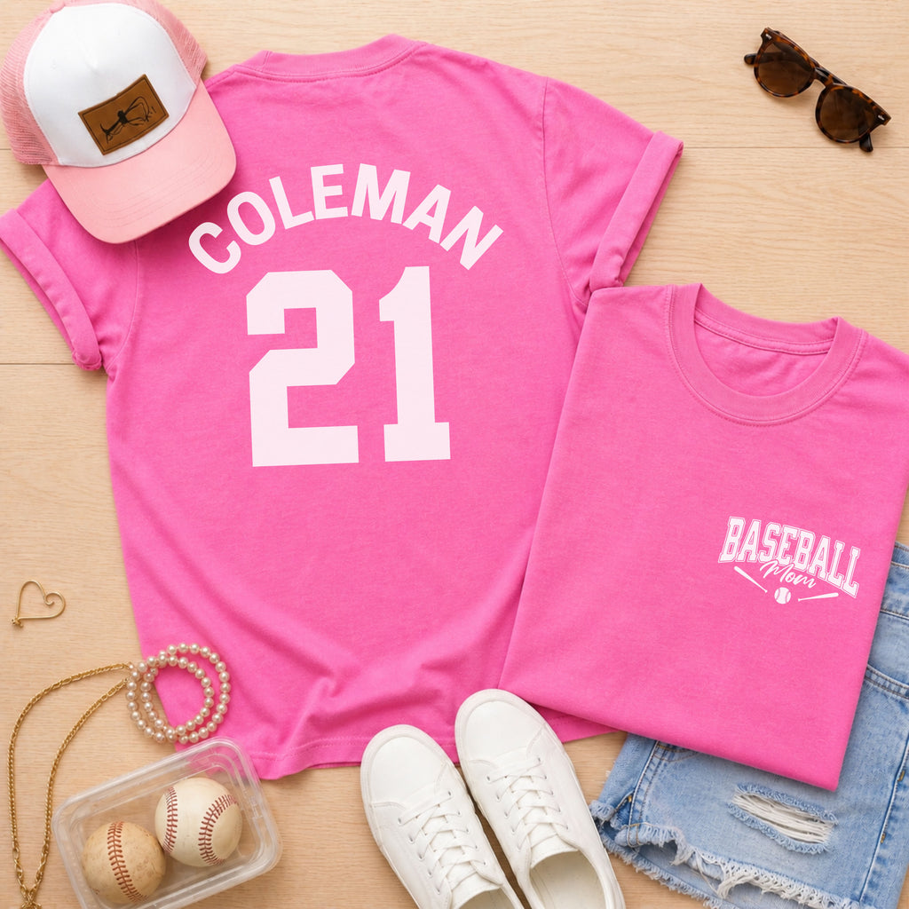 Neon pink personalized baseball mom shirt with custom player name and number