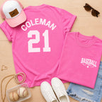 Neon pink personalized baseball mom shirt with custom player name and number
