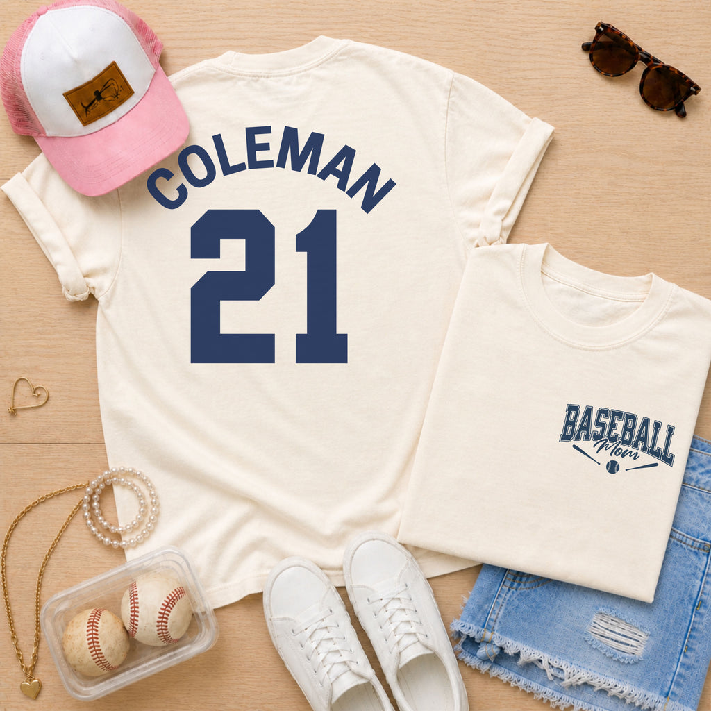 Ivory personalized baseball mom shirt with custom player name and number