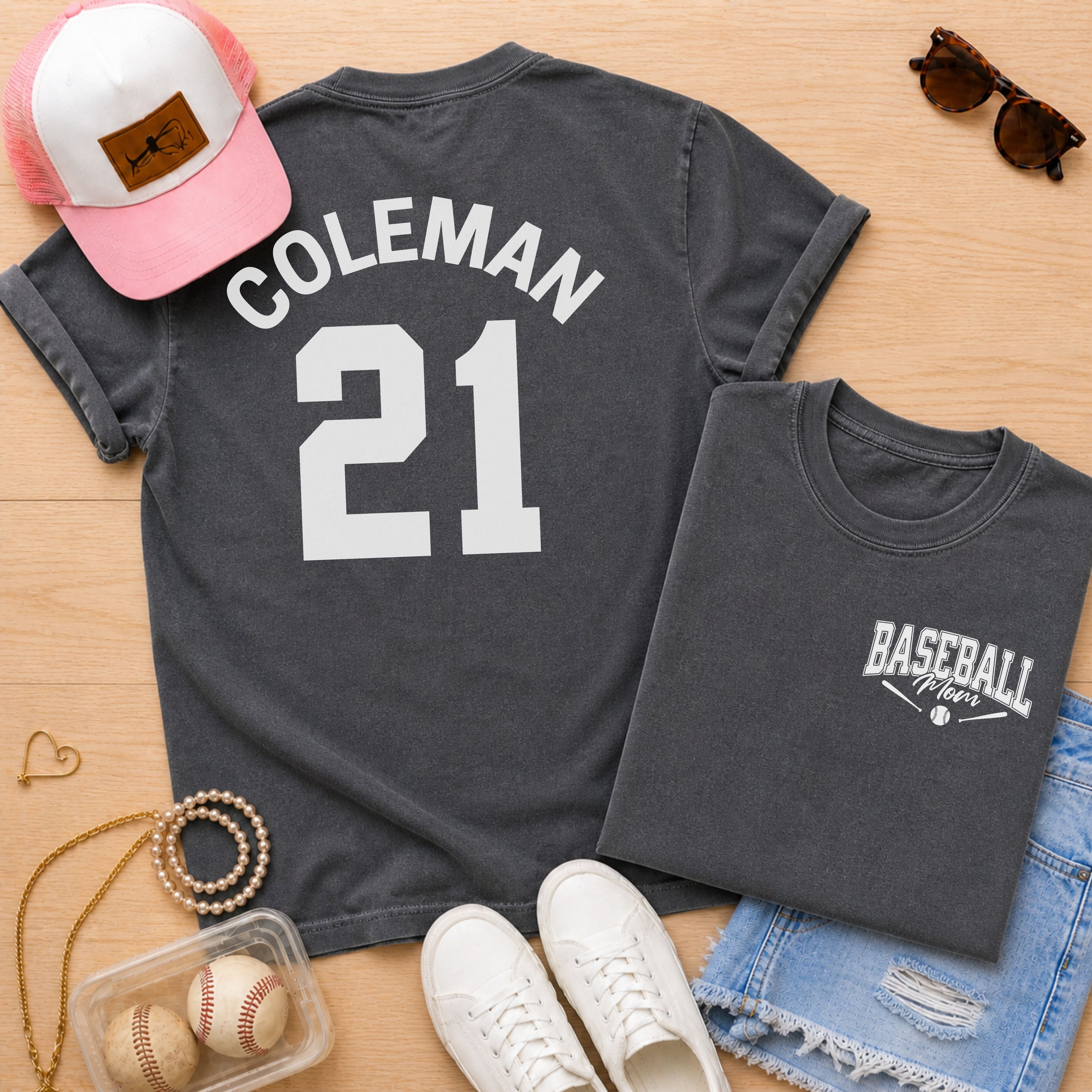 Pepper personalized baseball mom shirt with custom player name and number