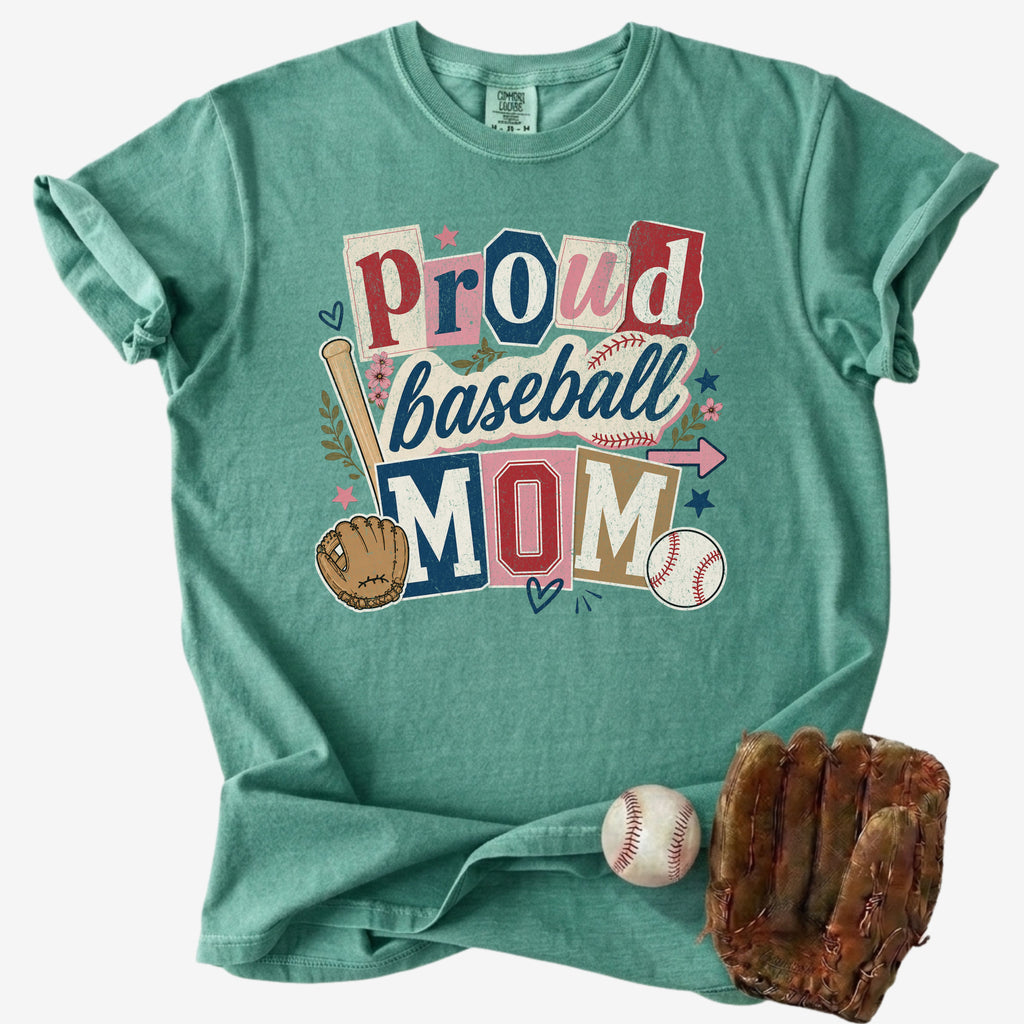 Proud baseball mom Comfort Colors light green game day tee on white background with baseball and glove