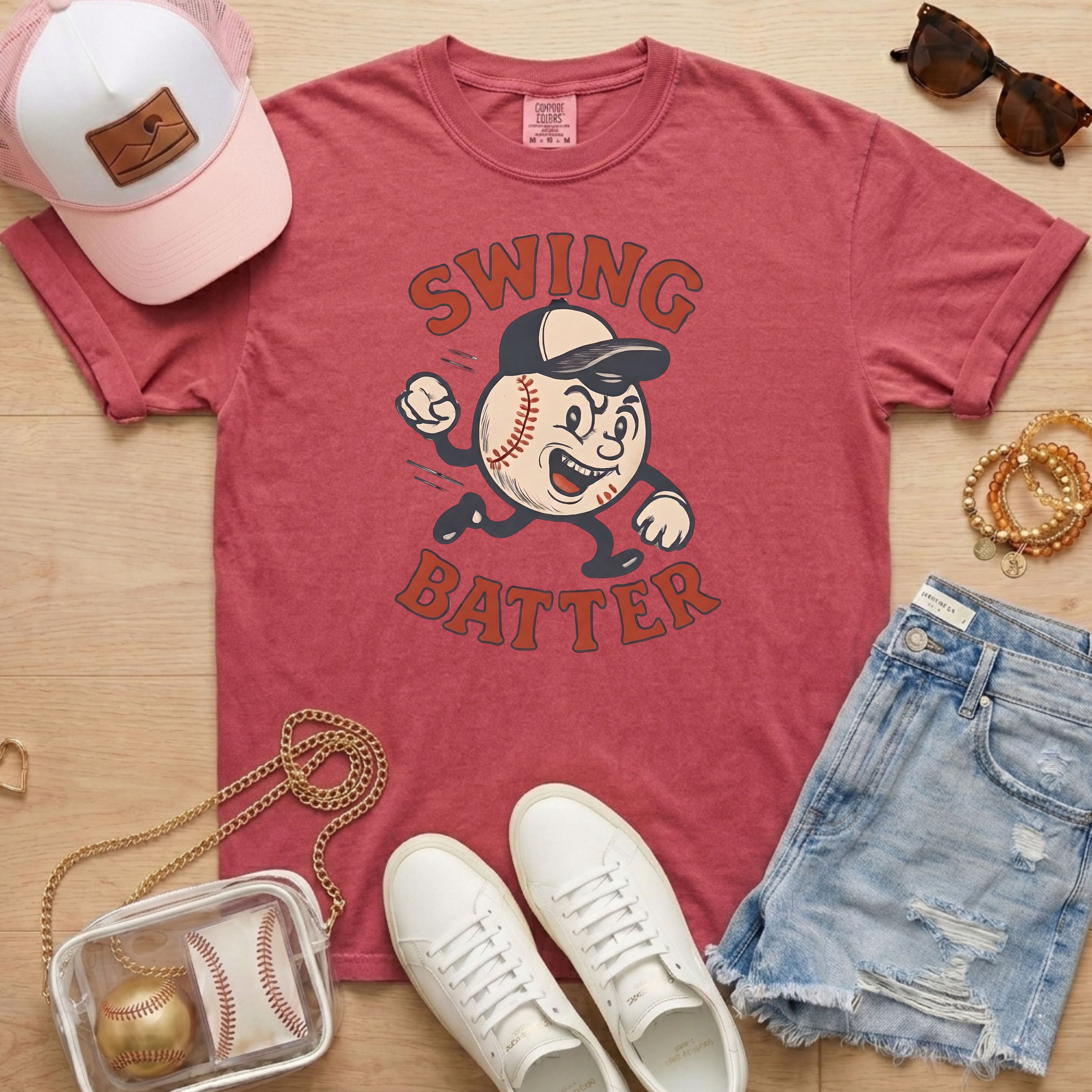 Crimson red baseball shirt featuring a vintage mascot design perfect for ballpark wear