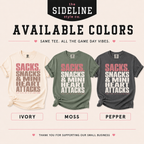 A color options graphic for a graphic t-shirt from 'the SIDLINE style co.' showing three color variants of the same tee: Ivory, Moss, and Pepper.