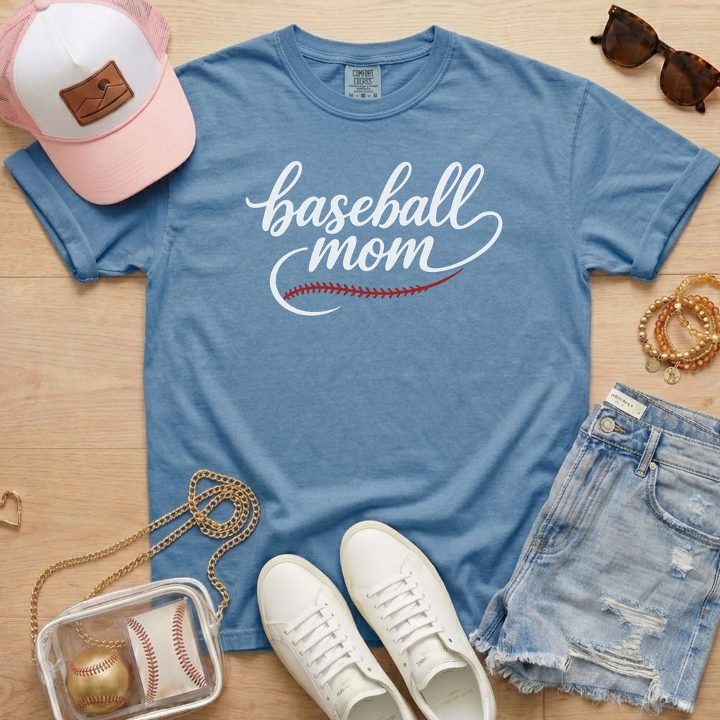blue jean garment dyed script Baseball Mom tee, Comfort Colors brand shirt for baseball game day apparel