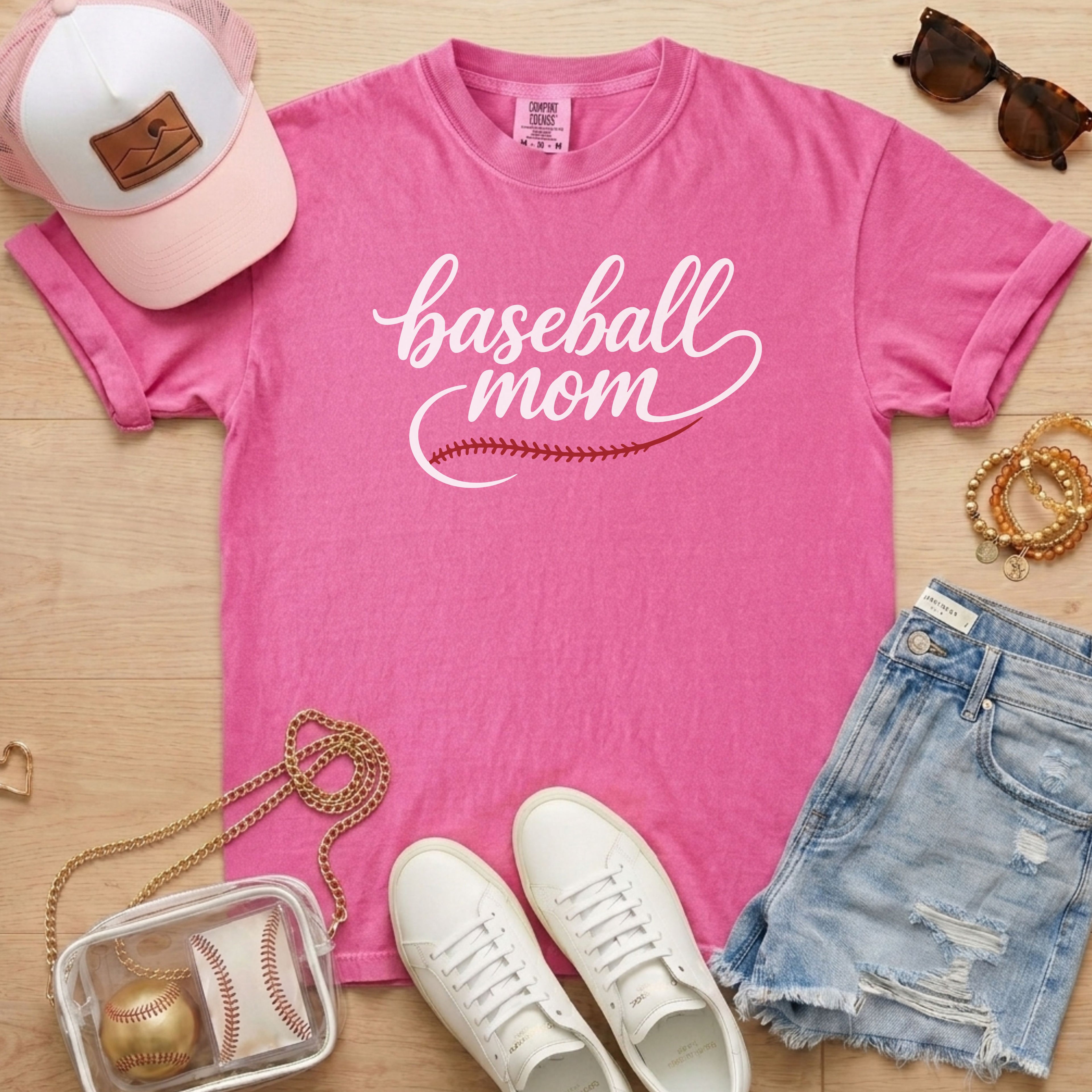 Bright crunchberry pink script Baseball Mom t-shirt, premium Comfort Colors garment for sports mom gift ideas