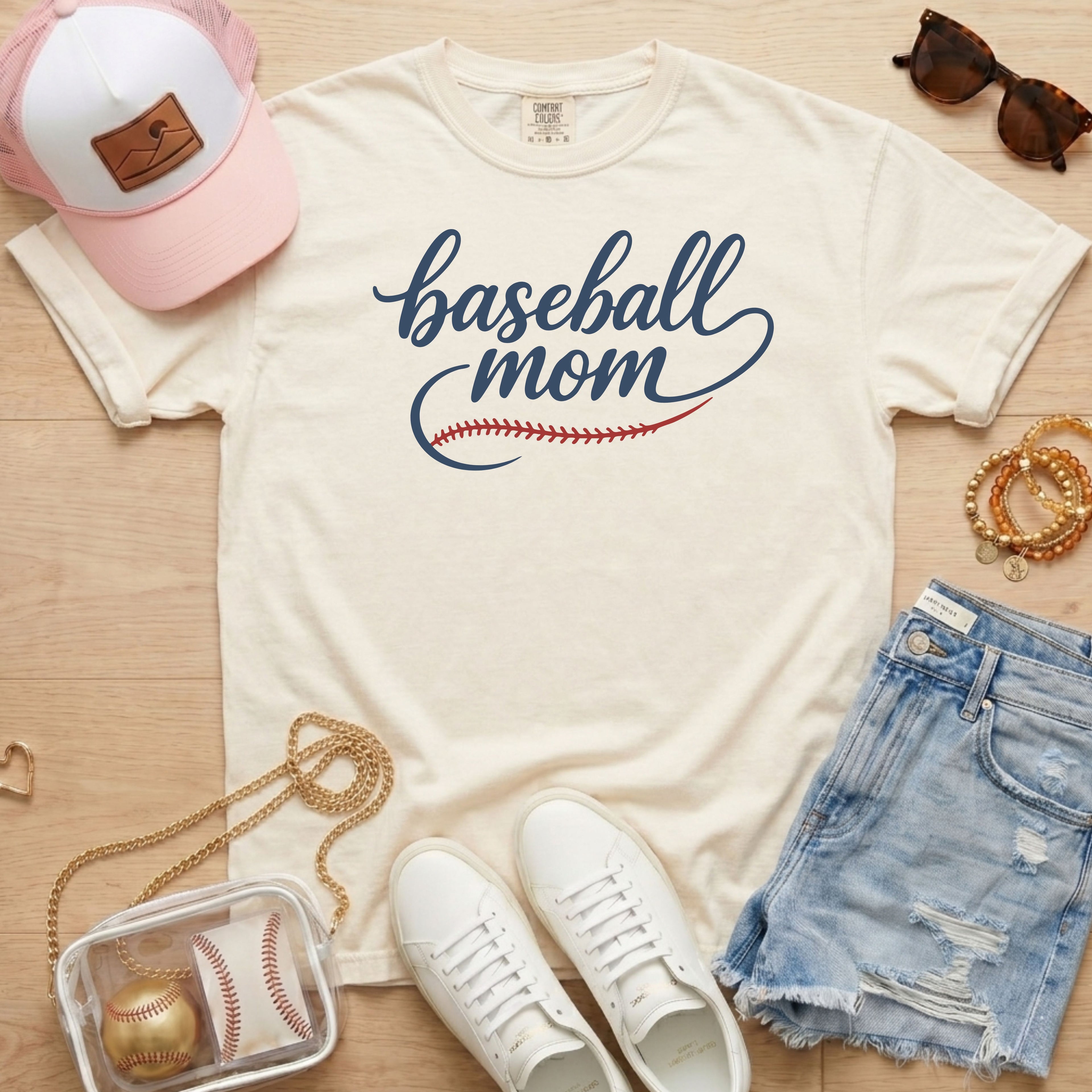 Ivory Comfort Colors 1717 t-shirt with script Baseball Mom graphic and red baseball seam, cute gift for moms
