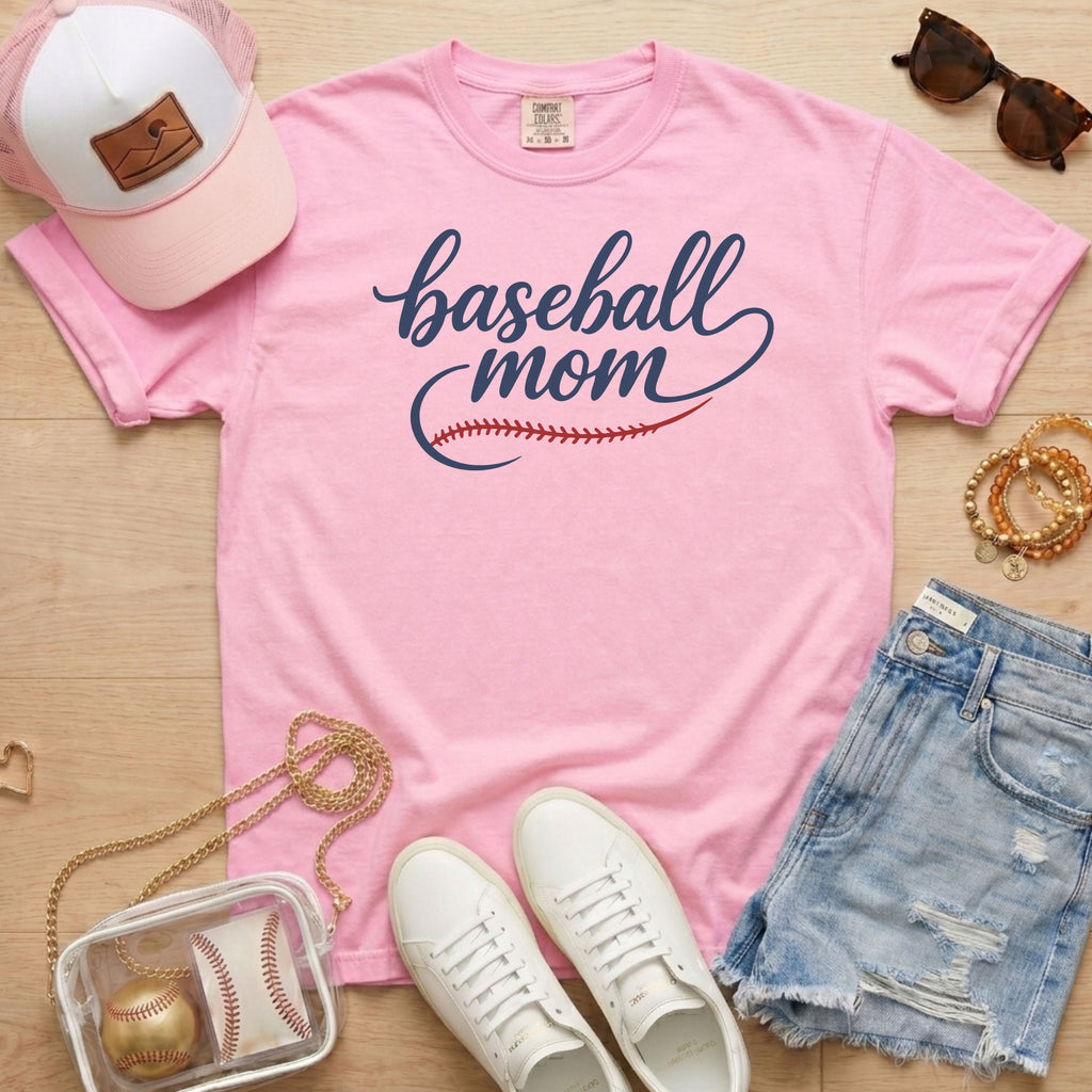 Soft pink Baseball Mom script shirt, premium Comfort Colors garment dyed tee for baseball season gifting