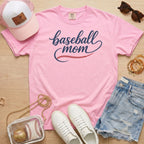 Soft pink Baseball Mom script shirt, premium Comfort Colors garment dyed tee for baseball season gifting