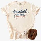 Script Baseball Mom design with red stitching on pepper grey Comfort Colors 1717 shirt for game day sports moms