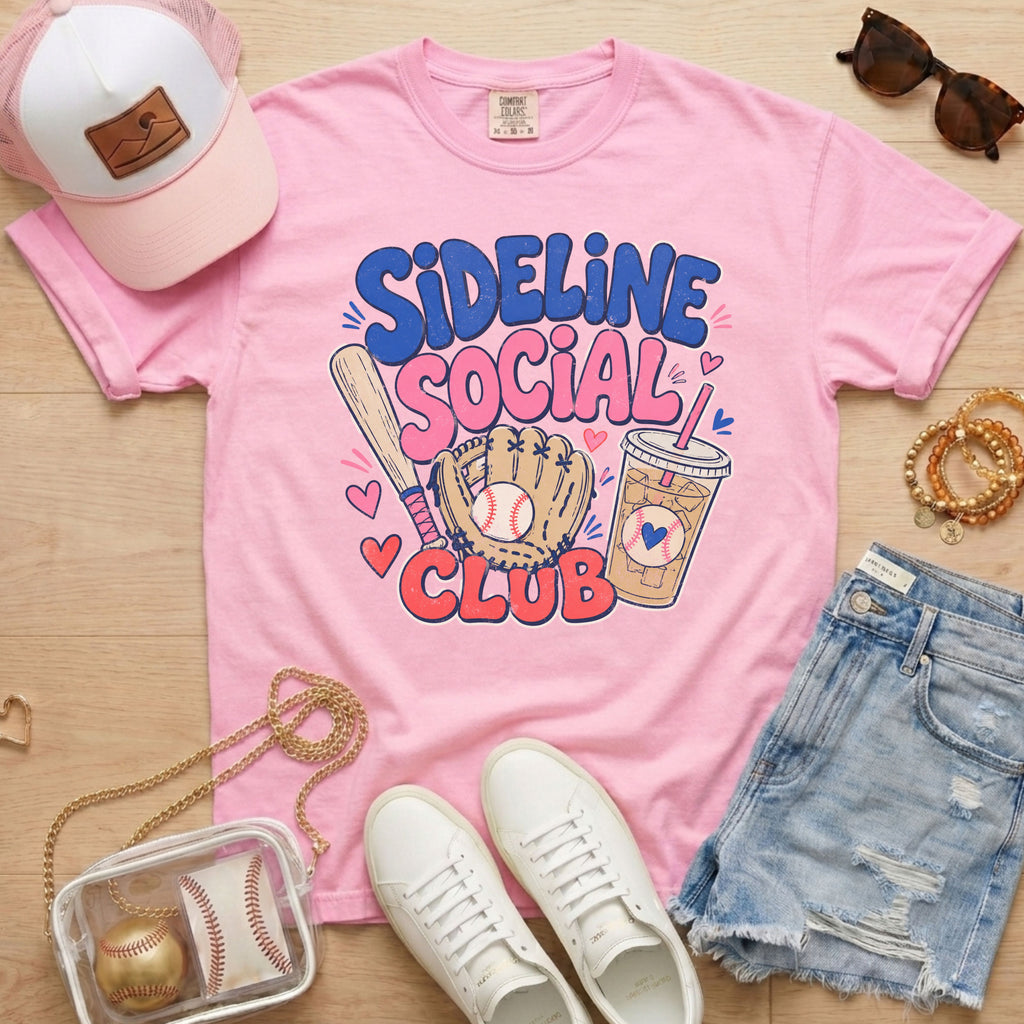Sideline Social Club baseball shirt in blossom — Comfort Colors relaxed game day tee for sports moms
