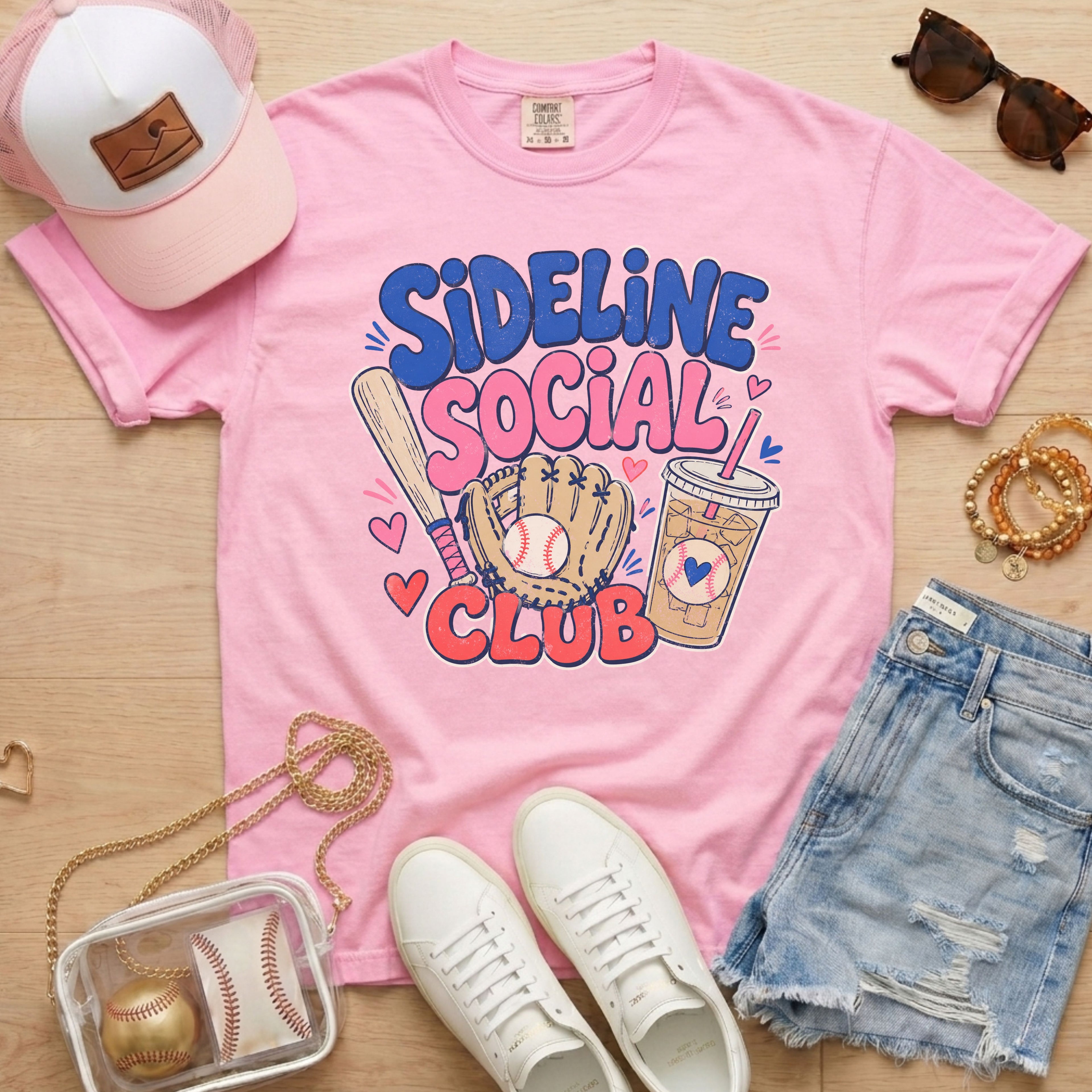 Sideline Social Club baseball shirt in blossom — Comfort Colors relaxed game day tee for sports moms