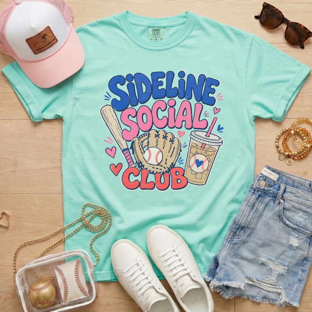 Sideline Social Club baseball shirt in chalky mint — Comfort Colors game day tee for baseball moms
